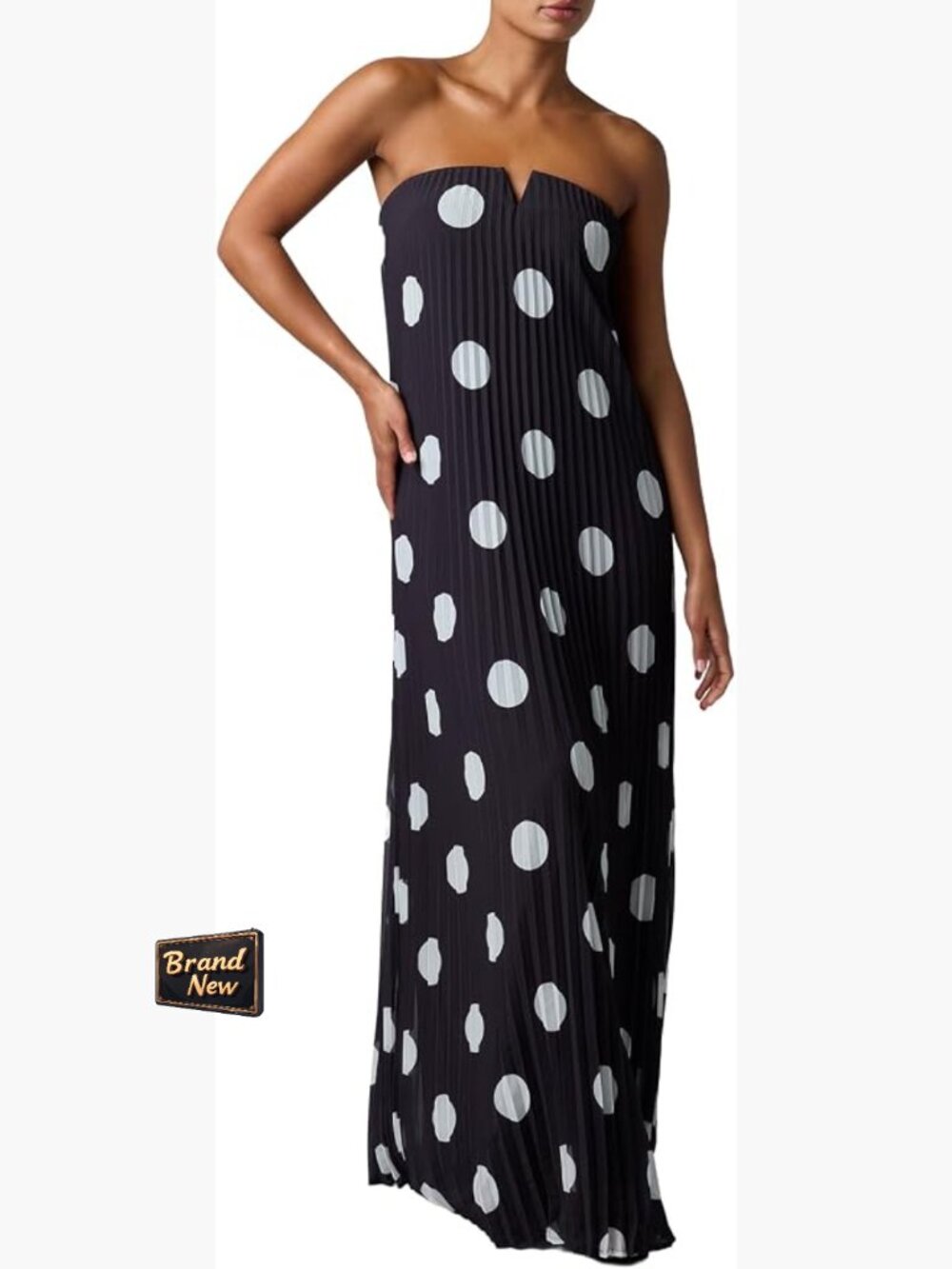 Strapless Polka Dot Maxi Dress Pleated Formal Column Gown